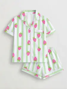 2-Piece Strawberry Striped Print Ladies Pajama Set, Short Sleeve Shirt with Turn-Down Collar and Buttons, Comfortable All-Season Casual Sleepwear and Loungewear for Women, Perfect for Home, Sleepovers, and Outdoor Lounging