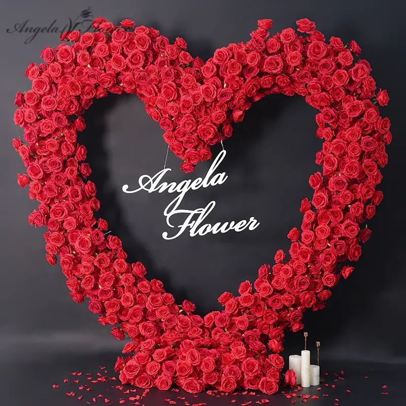 A8745 Silk Wedding Party Backdrop, Red Rose Heart Shape Arrangement, Backdrop Stand Arch Event Flower Decor Props, Party Decorations