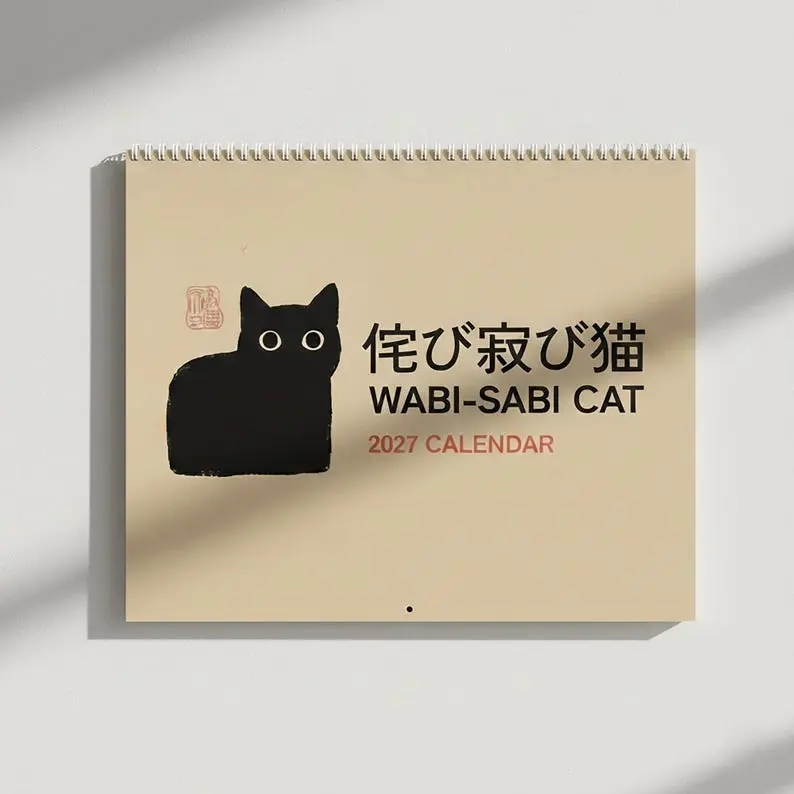 2027 Wall Calendar, Japanese Kawaii Black Cat Art, Wabi-Sabi Style Home Decor, Cute Cat Lover Gift, Minimalist Mid year Monthly Planner