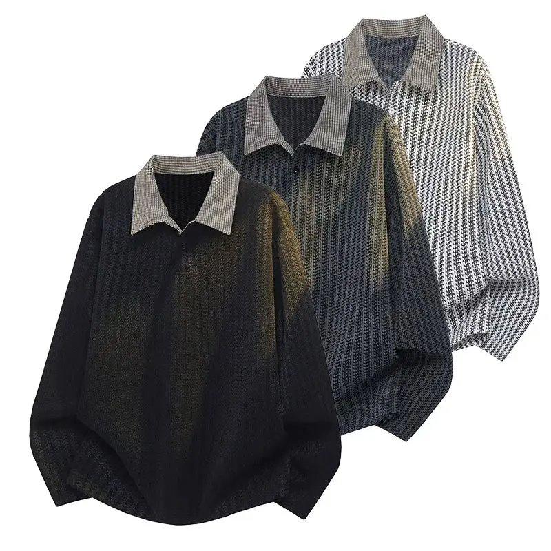 Men's Long Sleeve Knit Polo Shirt - Retro Contrast Houndstooth Collar, Textured Stylish Oversized Loose Fit Menswear, Breathable Fabric Button Down Pullover for Day Daily Wear Business Casual Tops