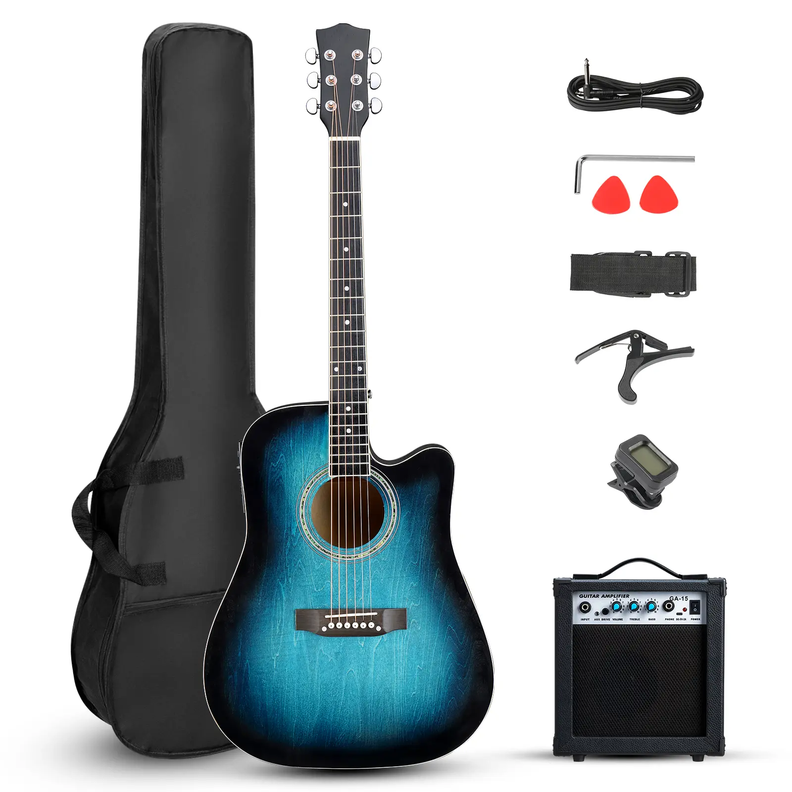 41-Inch Full-Size Cutaway Dreadnought 101 Folk Electric Guitar Kit for Beginners - Basswood Top, Matte Edge Binding, Blue Rubbed Finish, 10W Amplifier, Gig Bag, Tuner, Guitar Picks, Wrench Tool & Accessories, Wooden String Instrument Set