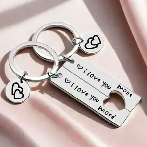 Couples 2pcs Matching Keychains with Engraving I Love You Most & I Love You More Heart Charms for Couples