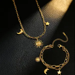 2pcs/set Sun Moon Star Necklace & Bracelet Set-Electroplated Gold Adjustable Celestial Set – Gold Necklace (41–50cm) + Bracelet (30cm)