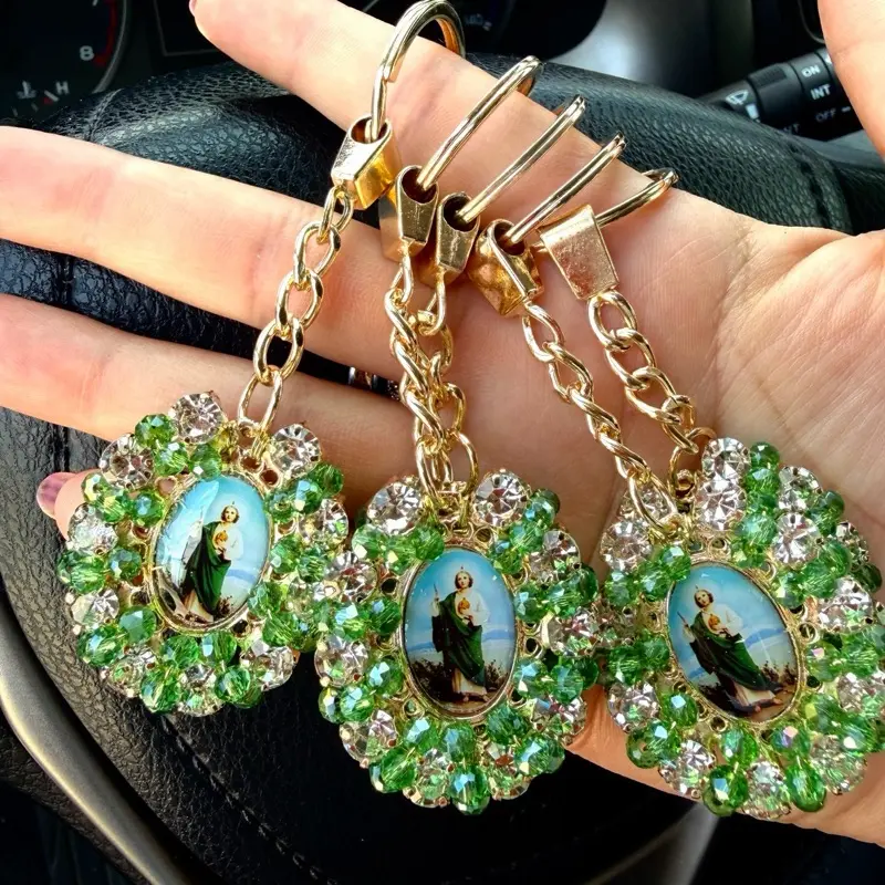 Luxe St. Jude Diamond-Like Crystal Keychain. Gold Tone