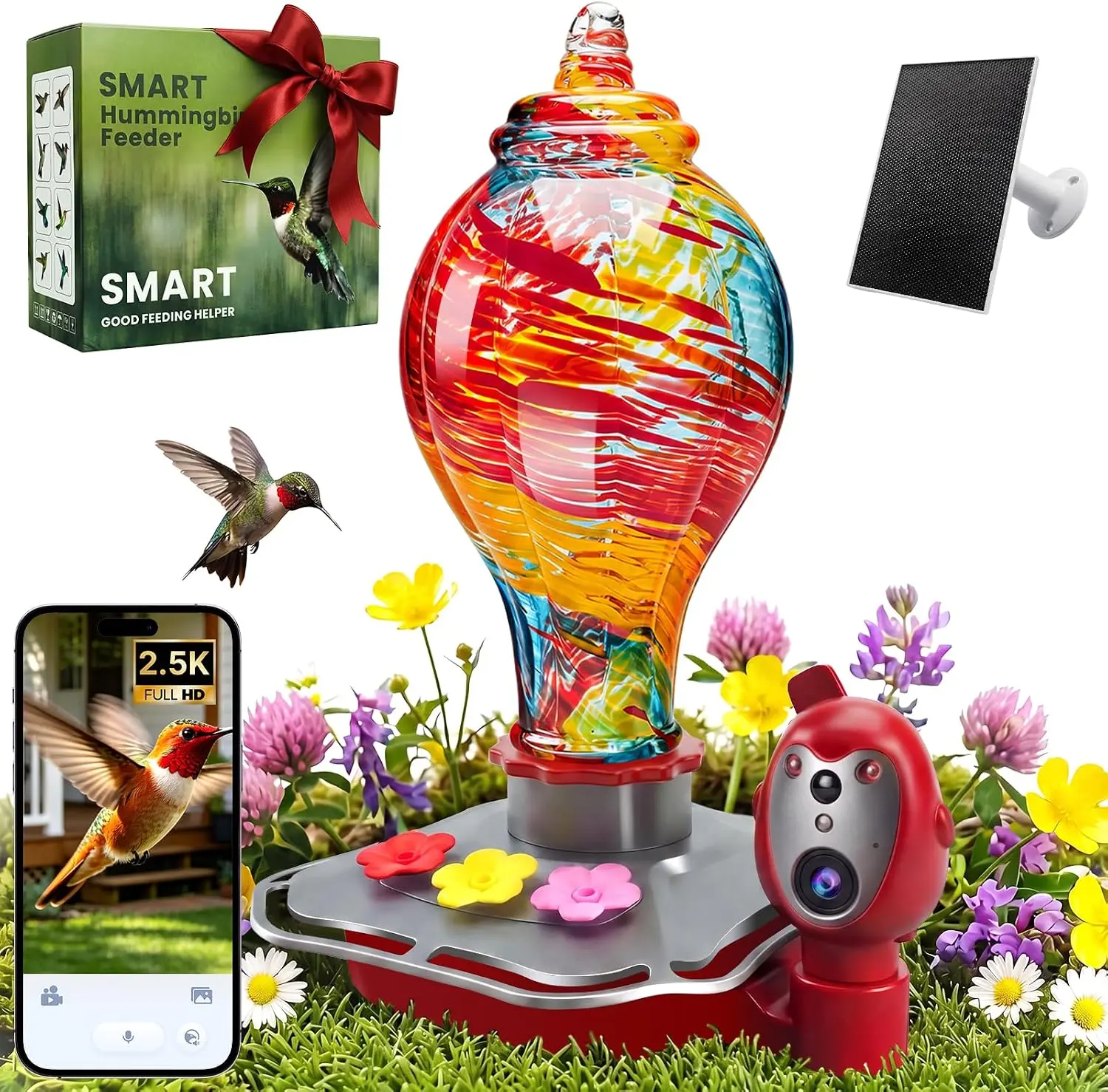 Smart Hummingbird Feeder with Camera - Hand-Blown Glass, 2.5K HD Live View, AI Recognition, Solar Powered, Smart Nectar & Water Monitor, 5200mAh Battery, Gift for Dad, Mom or Bird Lovers (26oz)