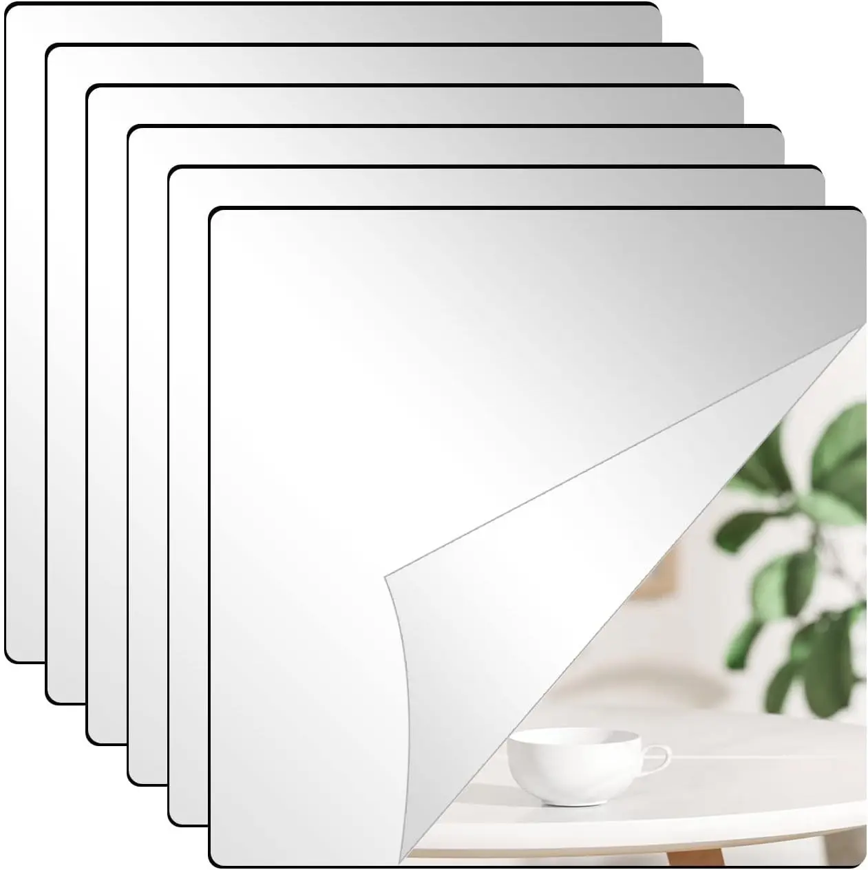 8'' x 8'' x 0.07'' x 6Pcs Acrylic Mirror Tiles for Walls Decor | 2.5mm Wall Mirror Sheets with Self-Adhesive Tapes for Home Decor, Square Mirror Trays Plates for Tables Centerpieces Wedding
