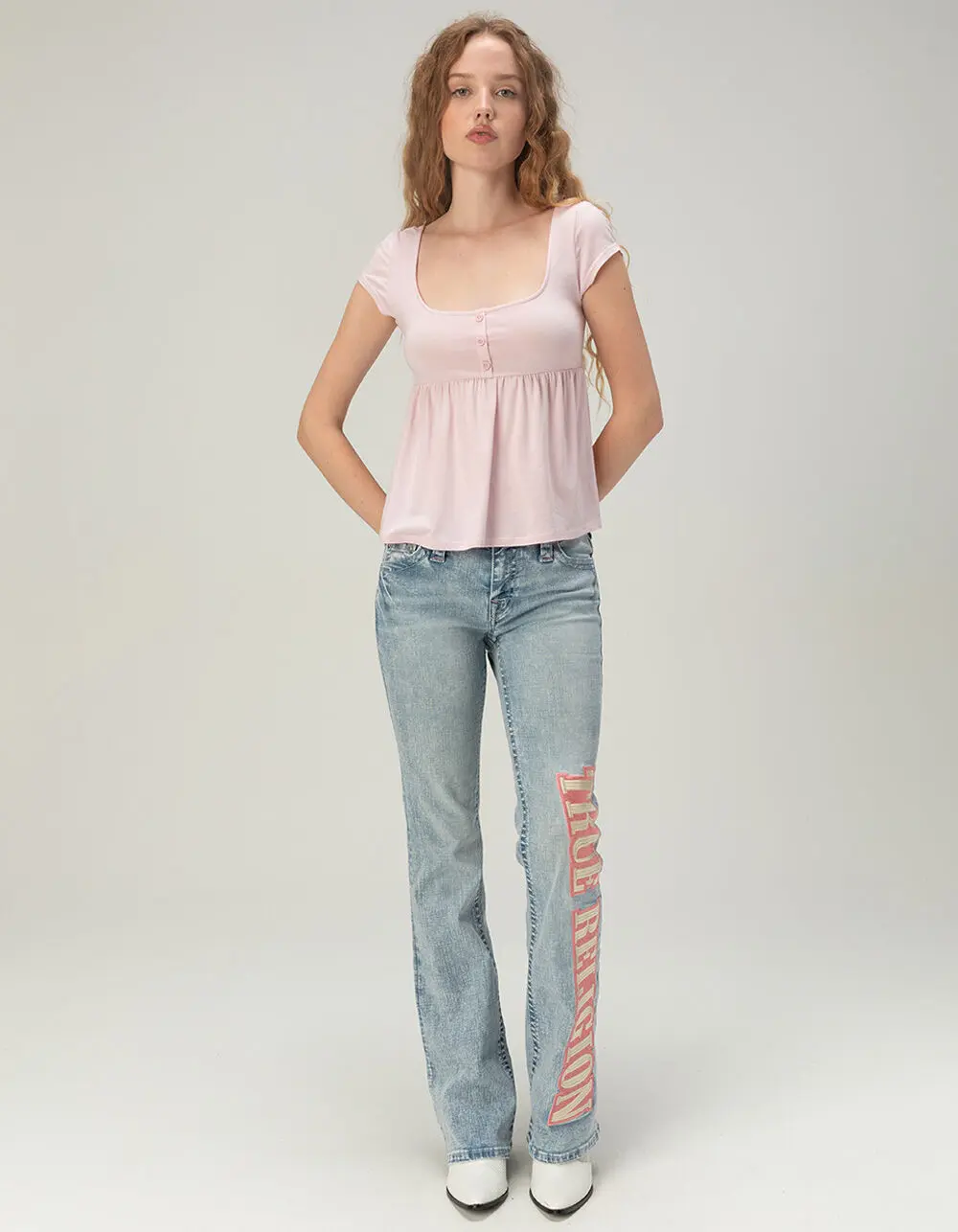 TRUE RELIGION Becca Mid Rise Arched Logo Womens Bootcut Jeans