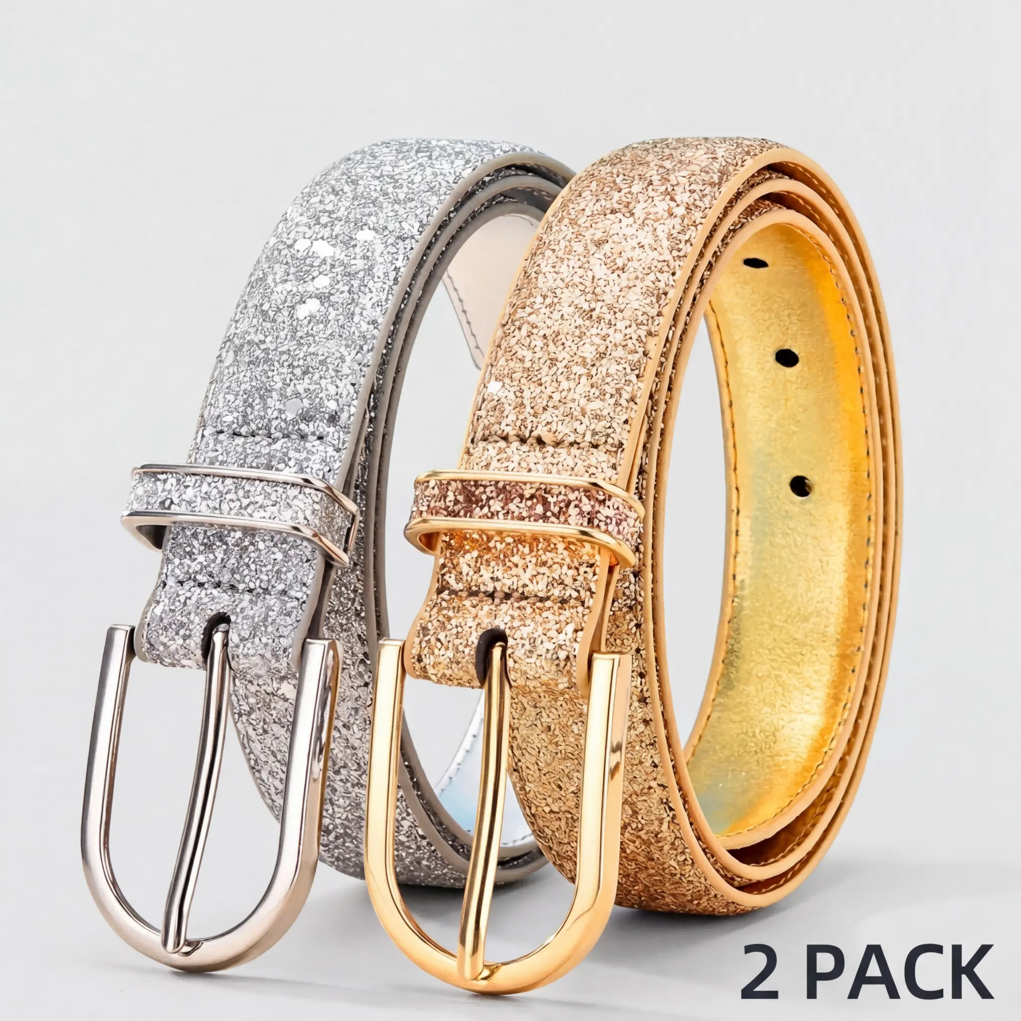 Women's 2PCS Glitter Casual Dress Belts - Gold & Silver Fashion Accessories for Outfit Elevation, Casual Dress Belt, Pu Leather, Hook Buckle