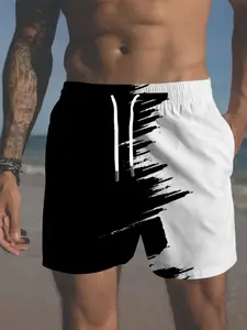 Men's 3D Print Geometric Stripe Summer Beach Pants, Adjustable Drawstring Waist, Casual Style, Swim Shorts