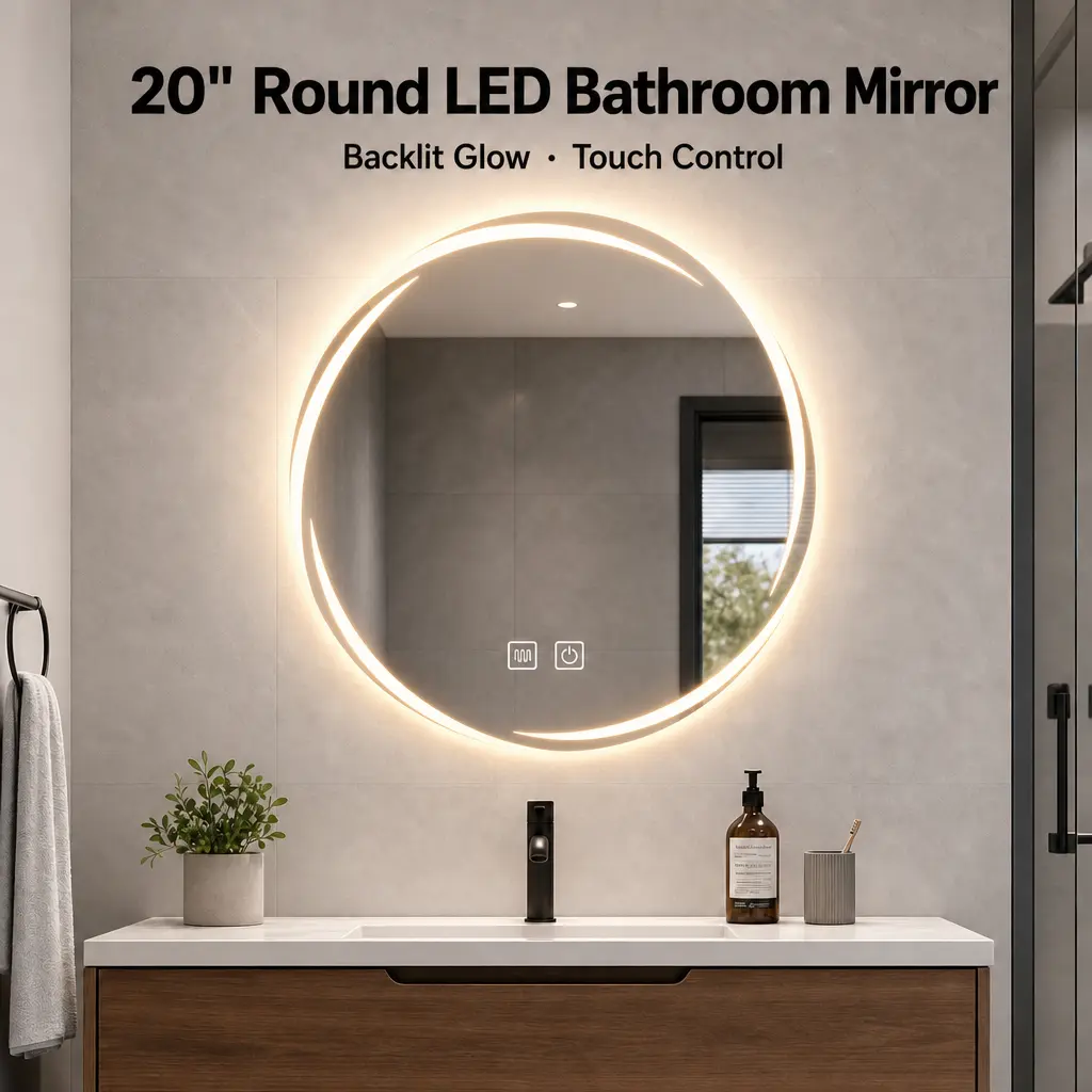 20-Inch Round Shape LED Vanity Mirror with Anti-Fog, 3-Color LED Lights, Touch Dimming, Frameless Look Plug-In Bathroom Fixture Set campingessentials homedecor
