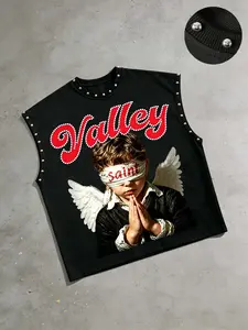 American Street Style Valley Saint Angel Print Rivet Sleeveless Vest, Knitted Tank Vest, Trendy Streetwear Oversize Men's Top, Fitted Graphic Pop Art Print Design