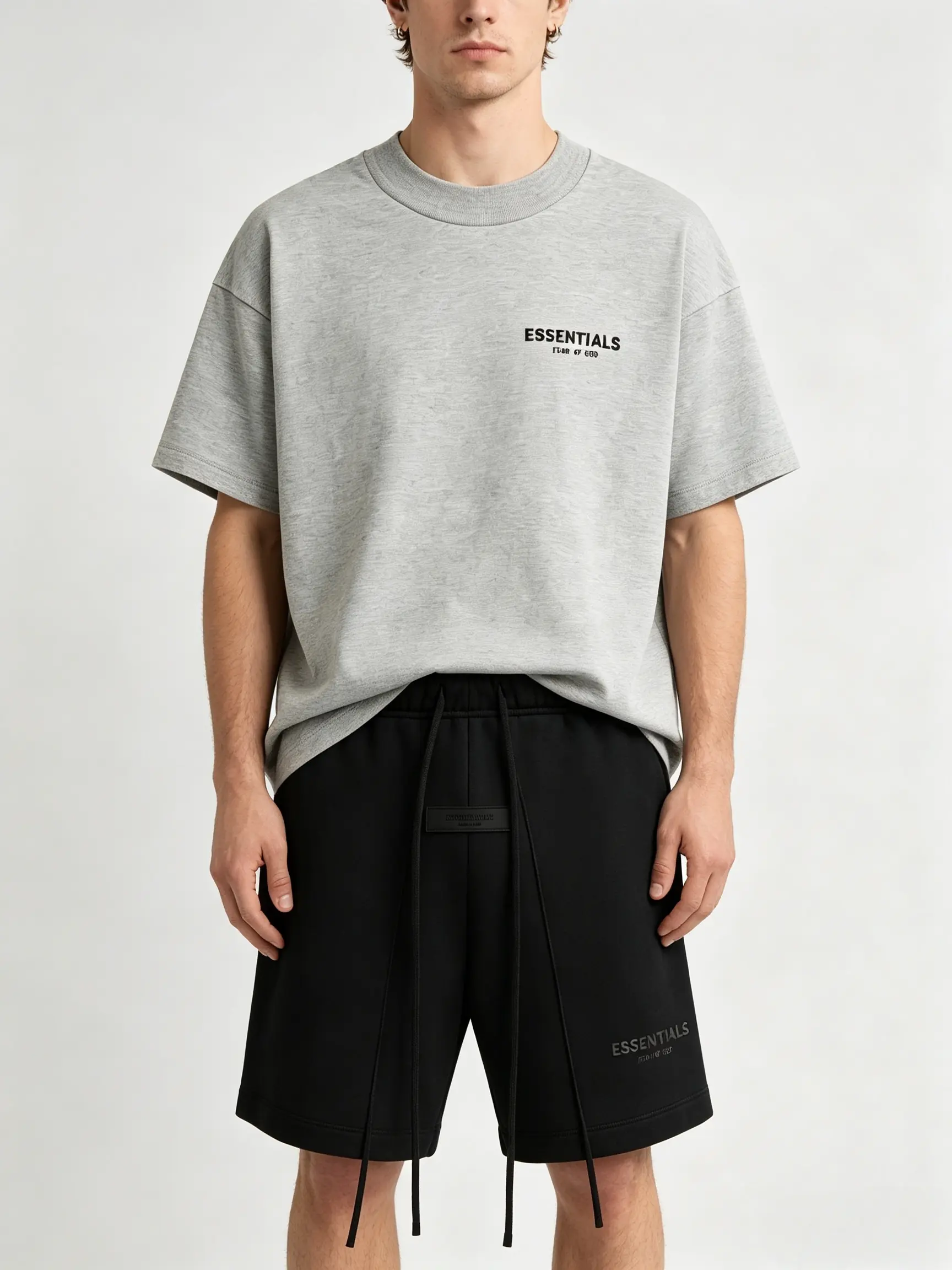 Fear of God Essentials SS22 Two Piece Co-Ord Outfit Set Dark Oatmeal Short Sleeve Crew Neck Tee Matching Black Casual Shorts Premium Unisex Streetwear Matching Set for Men & Women