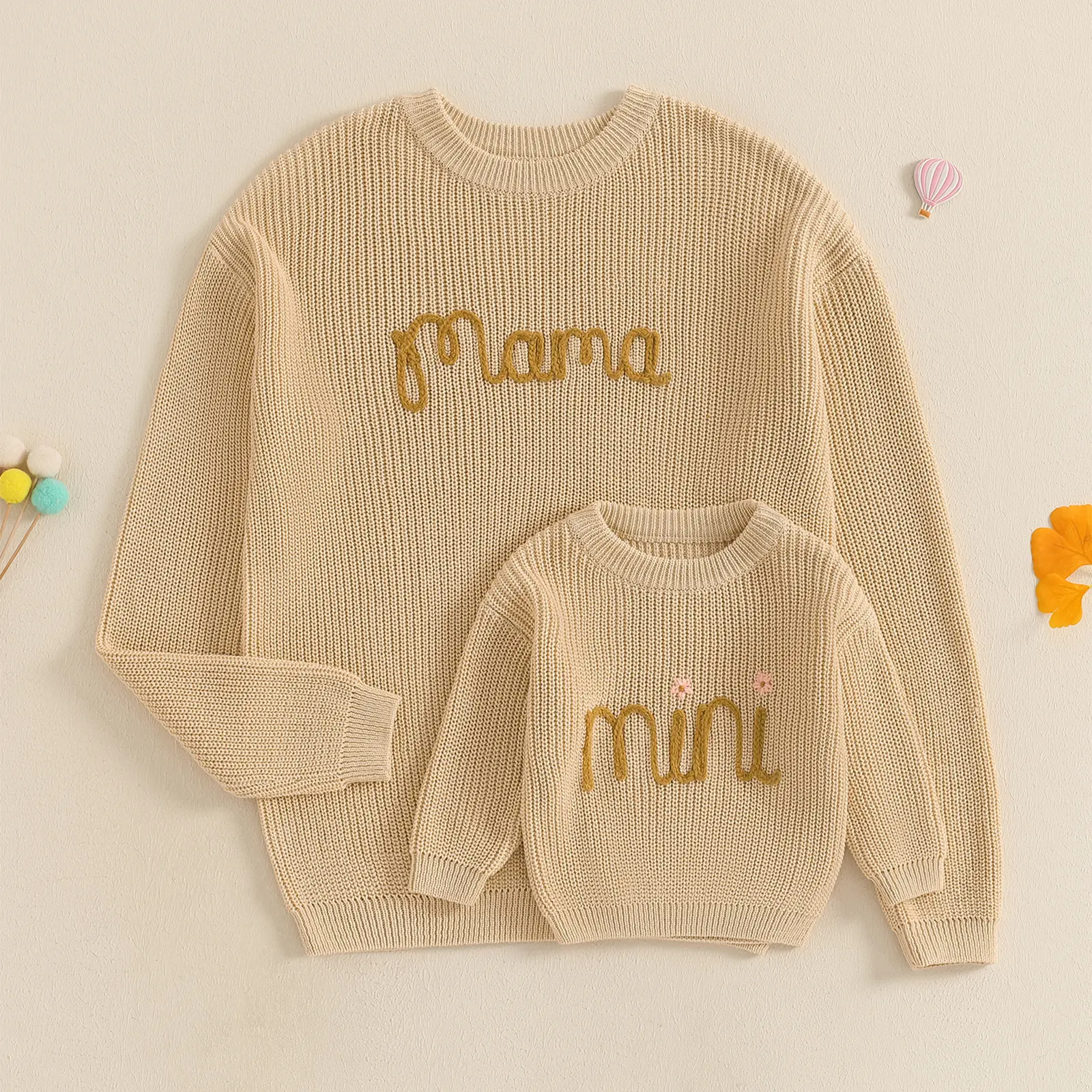 Family Matching Soft Sweaters Mommy and Me Letter Embroidery Round Neck Knitwear Comfortable Warm Tops day outfit