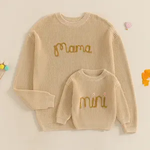 Family Matching Soft Sweaters Mommy and Me Letter Embroidery Round Neck Knitwear Comfortable Warm Tops day outfit