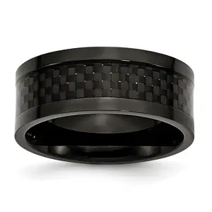 Stainless Steel Polished 9mm Black IP-plated w/Carbon Fiber Inlay Band
