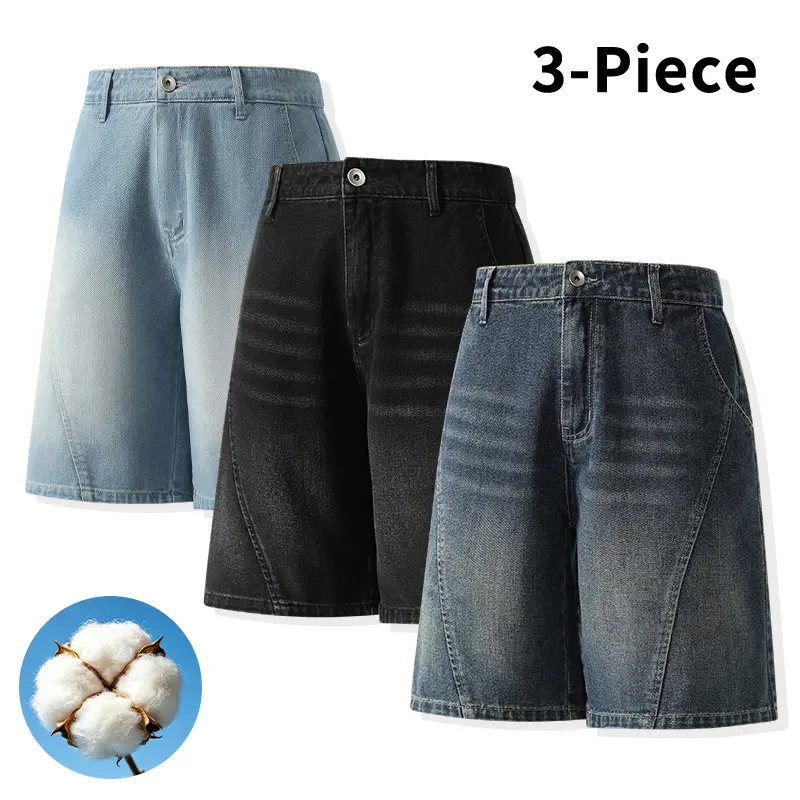 3-piece men’s vintage washed loose denim shorts set — wide-leg, knee-length cotton jeans with distressed stitching details; casual streetwear for everyday wear, summer vacations and trips; fashion denim store