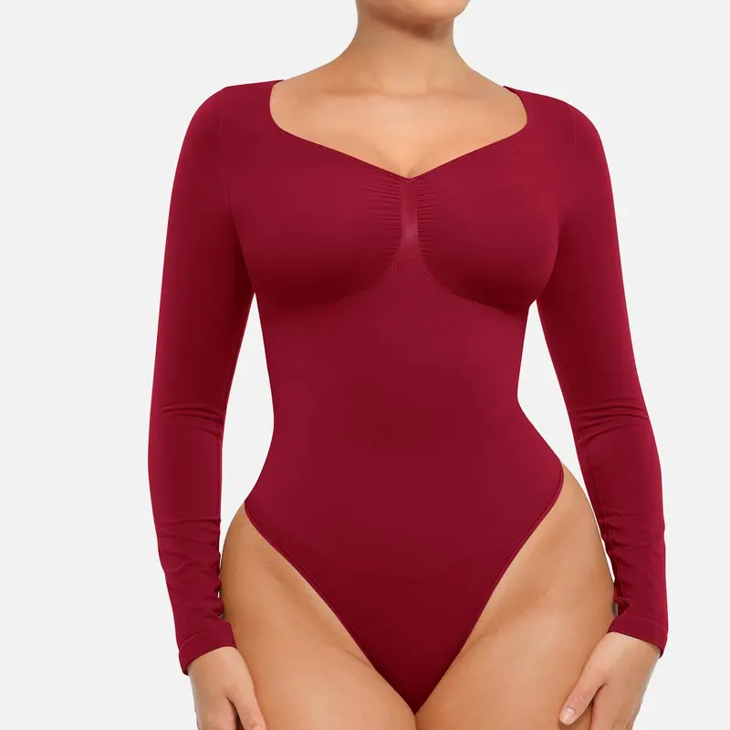 FeelinGirl Womenswear Seamless Long Sleeve Thong Bodysuit for Tummy Control V Neck Going Out Fabric Comfortable Casual shaper clothes TikTokShopBlackFriday