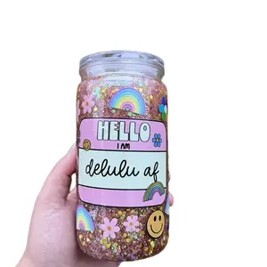 Delulu asf snowglobe tumbler with Hello I am Delulu AF design featuring rainbow and flower decorations Drinkware Cup