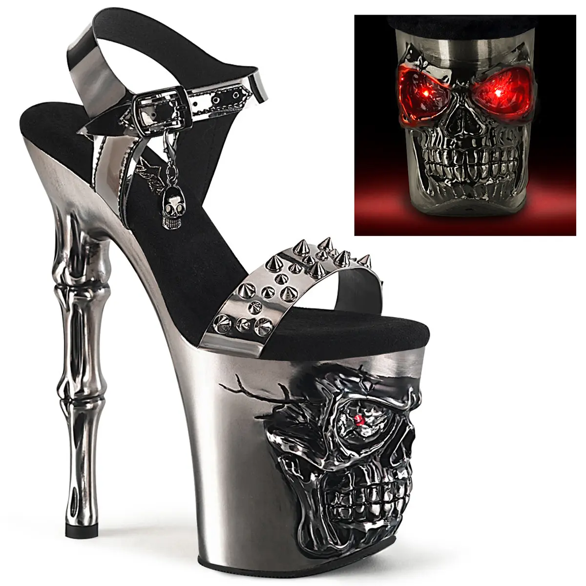 Women's Stylish Satin Skull Platform High Heels - 8-in Footwear, 4" (100mm) Height, Red LED Lights, RAPTURE-812-LT Pewter, Women's Fashion Shoes, Heeled, Ankle Strap, Chic, Stud, Sculptural Heels, Statement Shoes, Elegant, Night Out, 4 In, Elegant Heels