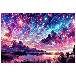 Pink Purple Gradient Starry Sky Galaxy Lake View, Multiple sizes available including square and round diamonds. This 5D DIY diamond painting set diamond art embroidery kit handmade furniture decor holiday birthday art personalized gift.