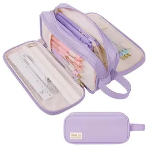 SKYDUE Large Capacity Canvas Pencil Case with Handle, 3 Compartments & Zipper Pouch for Pens and Markers