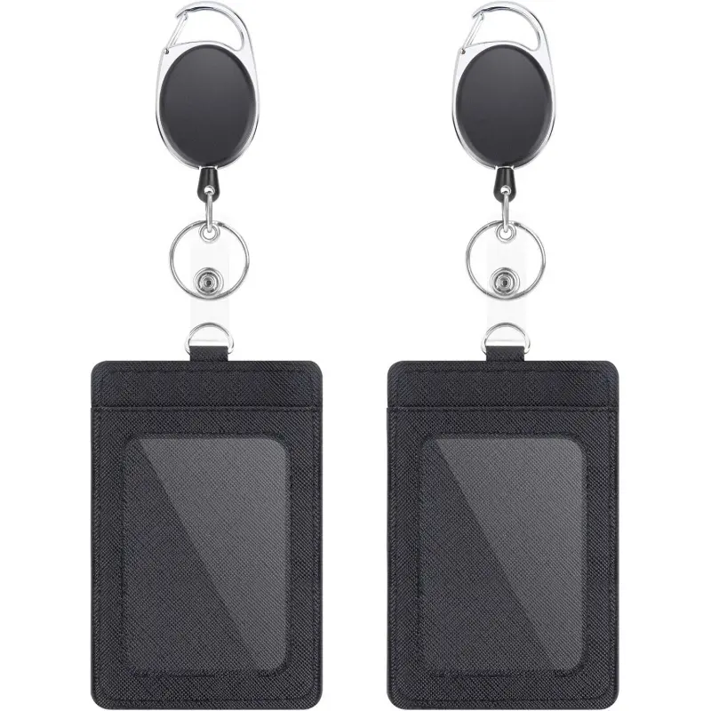 2-pack ID Badge Holder with heavy-duty telescoping scroll clip, Retractable Badge Holder, vertical leather ID holder with 1 transparent ID window and 2 credit card slots (black - 2-pack): Office supplies