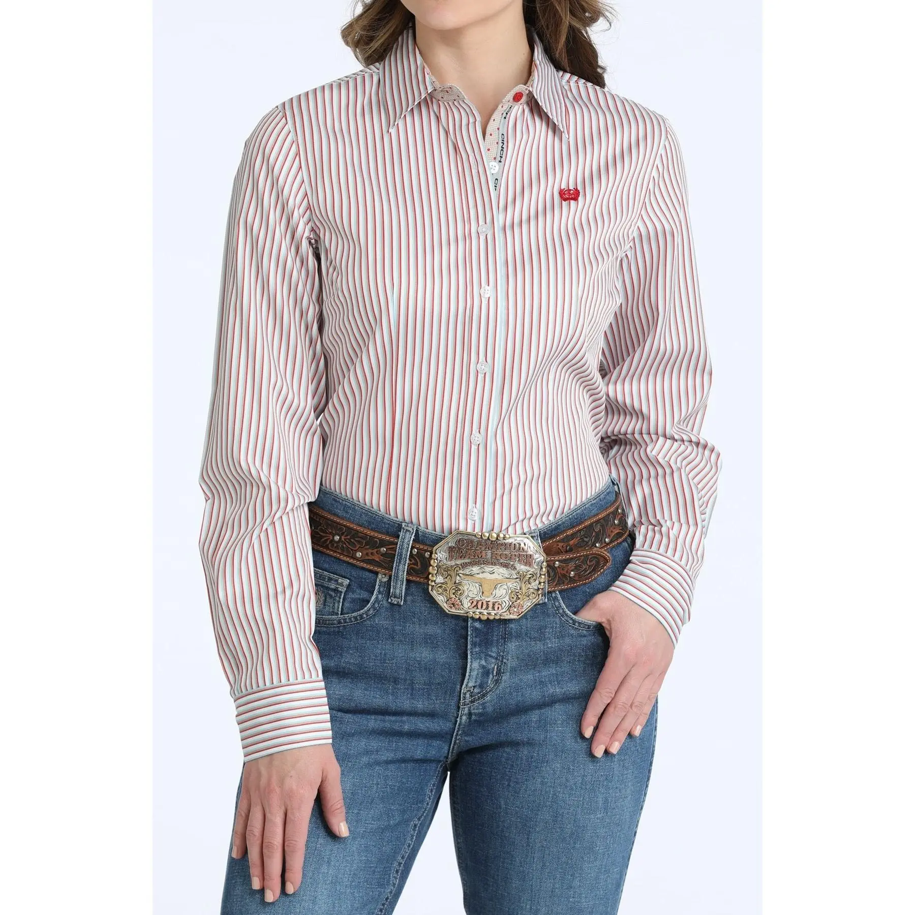 Cinch Women’s Tan Fitted Feminine Red & Mint Pinstripe Western Button Blouse - Longsleeves, Breathable Cotton, Belt Buckle, Embroidered Dot, Collared, Lightweight, Elegant, Polished Shirt, Western Elegance, Punchy Outfit, Casual Daywear, Statement