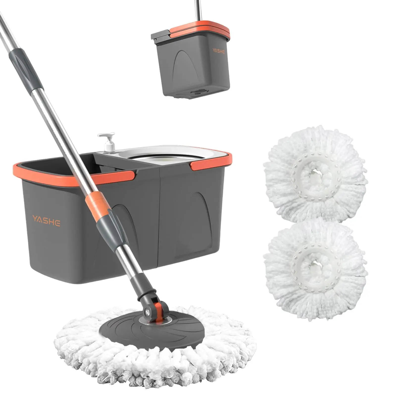 YASHE Spin Mop and Bucket with Wringing System - Foldable & Space-Saving Design, Durable Stainless Steel Wringing Basket, Built-in Detergent Bottle, 2 Reusable Microfiber Mop Heads