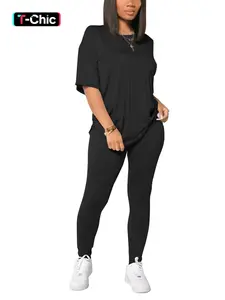 Women's Solid Drop Shoulder Tee & Elastic Waist Fitted Skinny Pants Set, Summer Clothes Women, Casual Round Neck Half Sleeve Top & Leggings for Summer