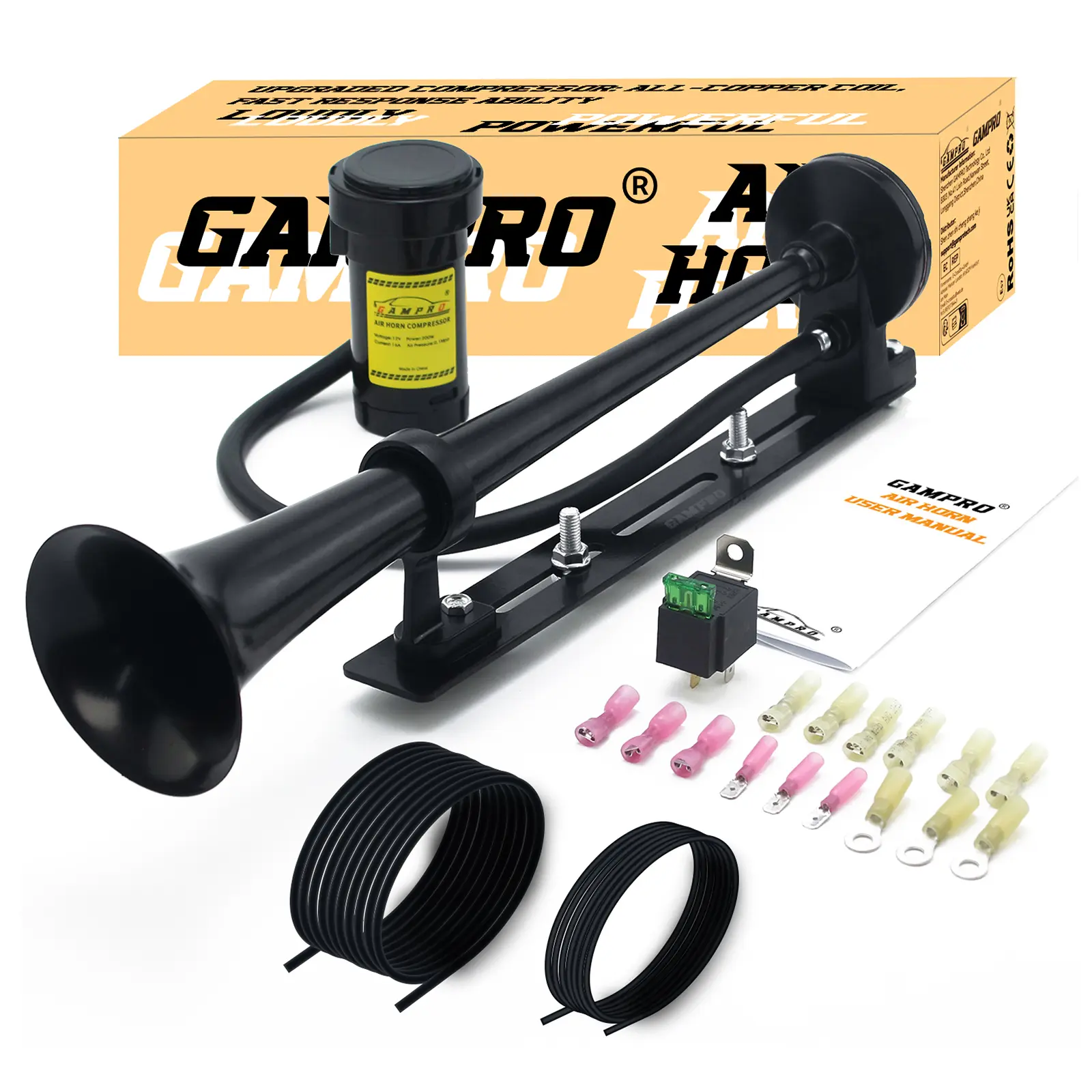 GAMPRO 12V 130DB+ Air Horn with bracket Kit, 17.5 Inches Chrome Zinc Single Trumpet Truck Air Horn with Compressor and bracket for Any 12V Vehicles Motor Trucks Lorrys Trains Boats Cars, Truck Horns, Motorcycle Horn