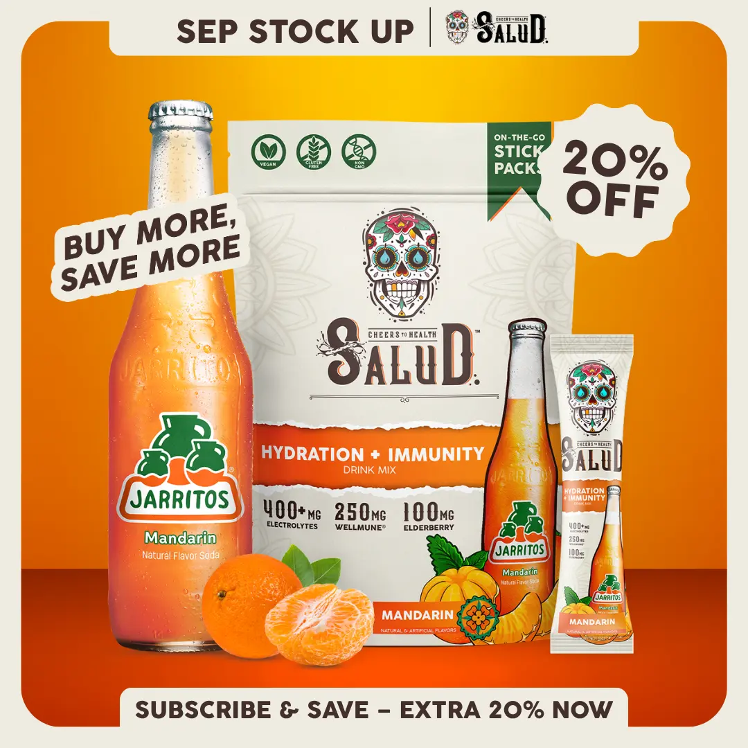 Salud x Jarritos 2-in-1 [Hydration & Immunity - Mandarin] Electrolytes Powder, Agua Fresca Drink Mix, Elderberry, Dairy & Soy Free, Non-GMO, Gluten Free, Vegan, 1g Sugar (15 Servings)