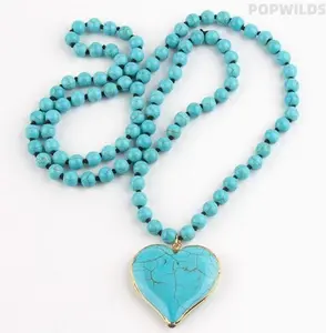 Bohemian Retro Beaded Necklace - Turquoise Love Pendant, Hand-Made Knot Craft, Culturally-Inspired Hippie Style, Long Stylish Design, Decorative Charm Bead Chain Necklace for Daily Outfit Collocation, Bead Chain Necklaces, Culturally-Inspired Necklaces
