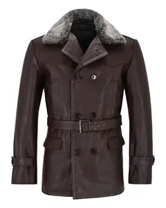 MotorCycleJackets Men's German Real Leather Brown Peacoat Fur Collar