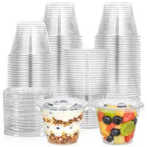9oz Transparent Plastic Cup, Flat Lid No Hole, Reusable Dessert Cup, Ice Cream, Pudding, Cake, Snacks, Milkshake, Cold Drink