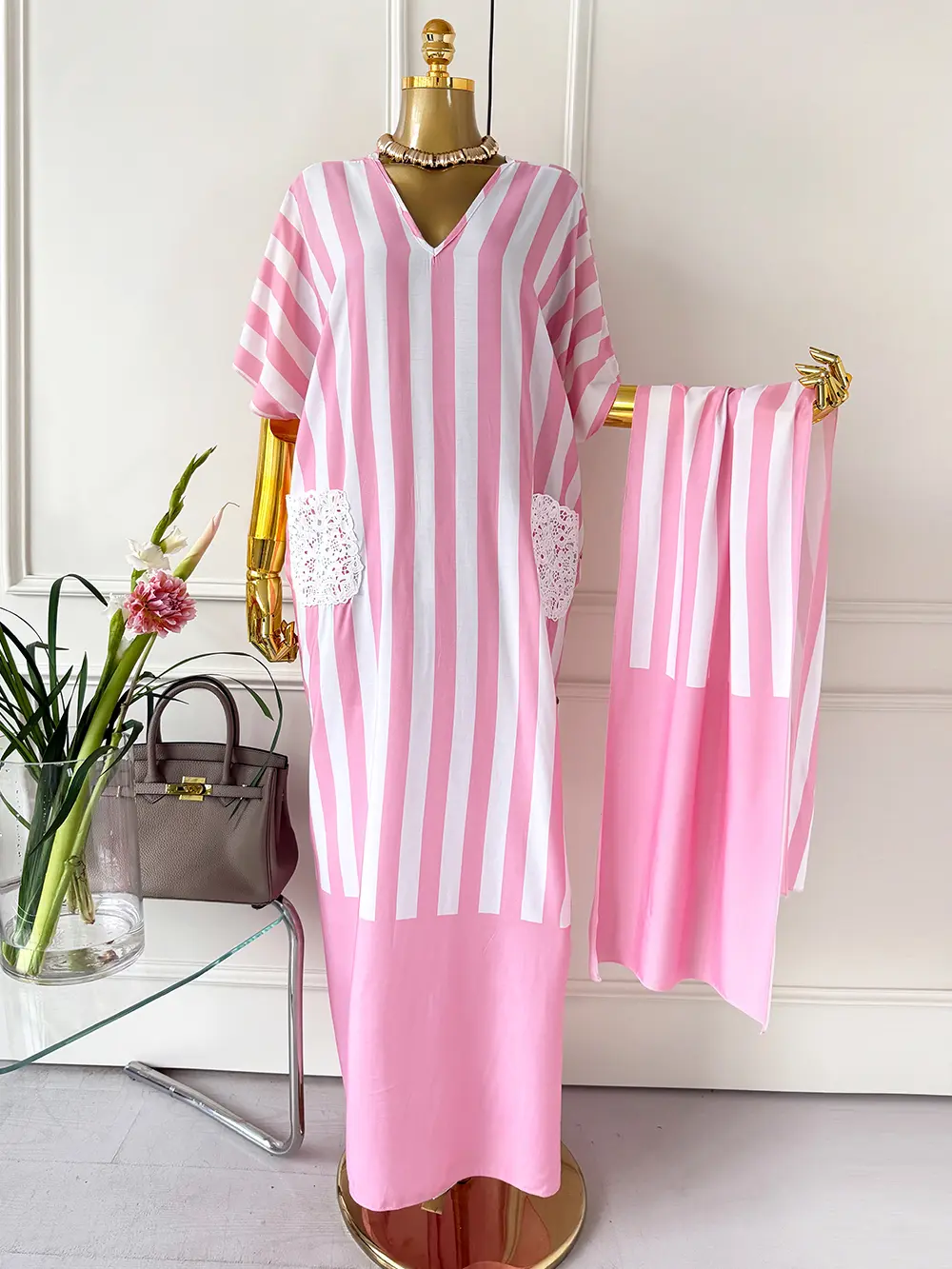 Women's Chic Bohemian 2-Piece Rayon Lace Pocket Striped Lightweight MooMoo Dress Set - Matching Scarf, Woven Long Casual Robe, All-Season Beach Sun Protection Style Fabric Outfit, Loose