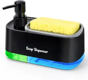 Kitchen Dish Soap Dispenser Set,Dish and Hand Soap Dispenser with Sponge Holder, 3-in-1 Countertop Sponge Dual Soap Pump Dispenser for Kitchen Sink - Black