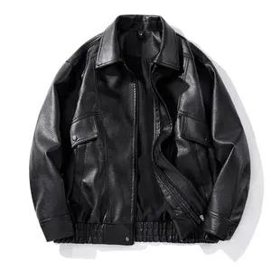 BIGWIG Men's Autumn Winter Casual Faux Leather Bomber Jacket - Lapel, Button-Zipper Closure, Long Sleeves, Pockets, Fashionable Modern Motorcycle Flight Outerwear, PU Leather