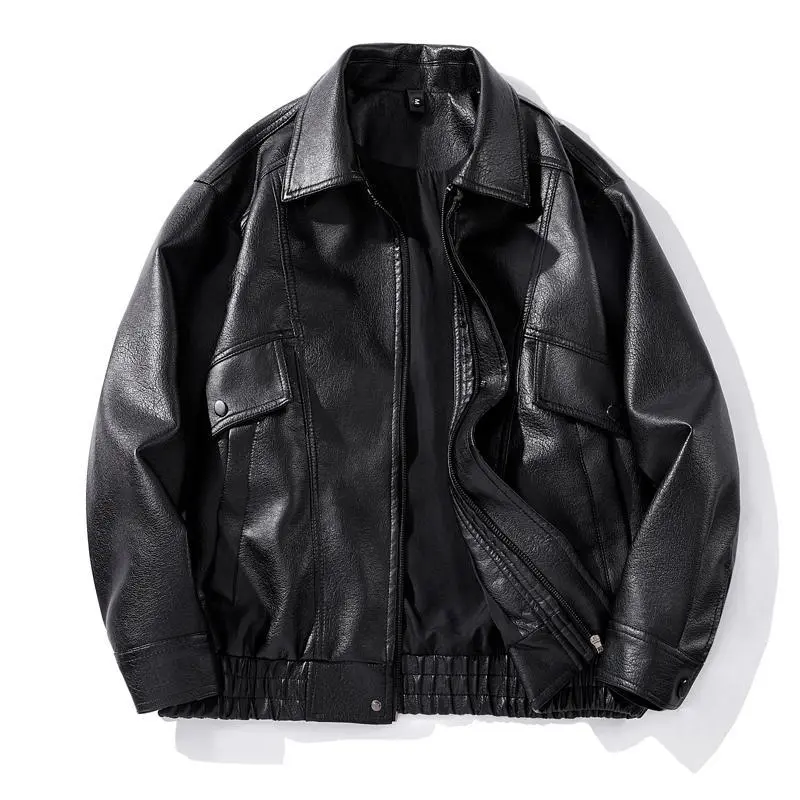 BIGWIG Men's Autumn Winter Casual Faux Leather Bomber Jacket - Lapel, Button-Zipper Closure, Long Sleeves, Pockets, Fashionable Modern Motorcycle Flight Outerwear, PU Leather