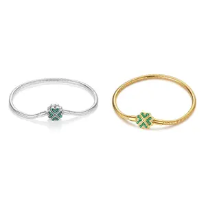 MULA 925 Sterling Silver Four-Leaf Clover Snake Bracelet – 14K Gold-Plated Lucky Green Cubic Zirconia Clasp, Compatible with Pandora Charms and Pendants, a Lucky Jewelry Gift for Women.