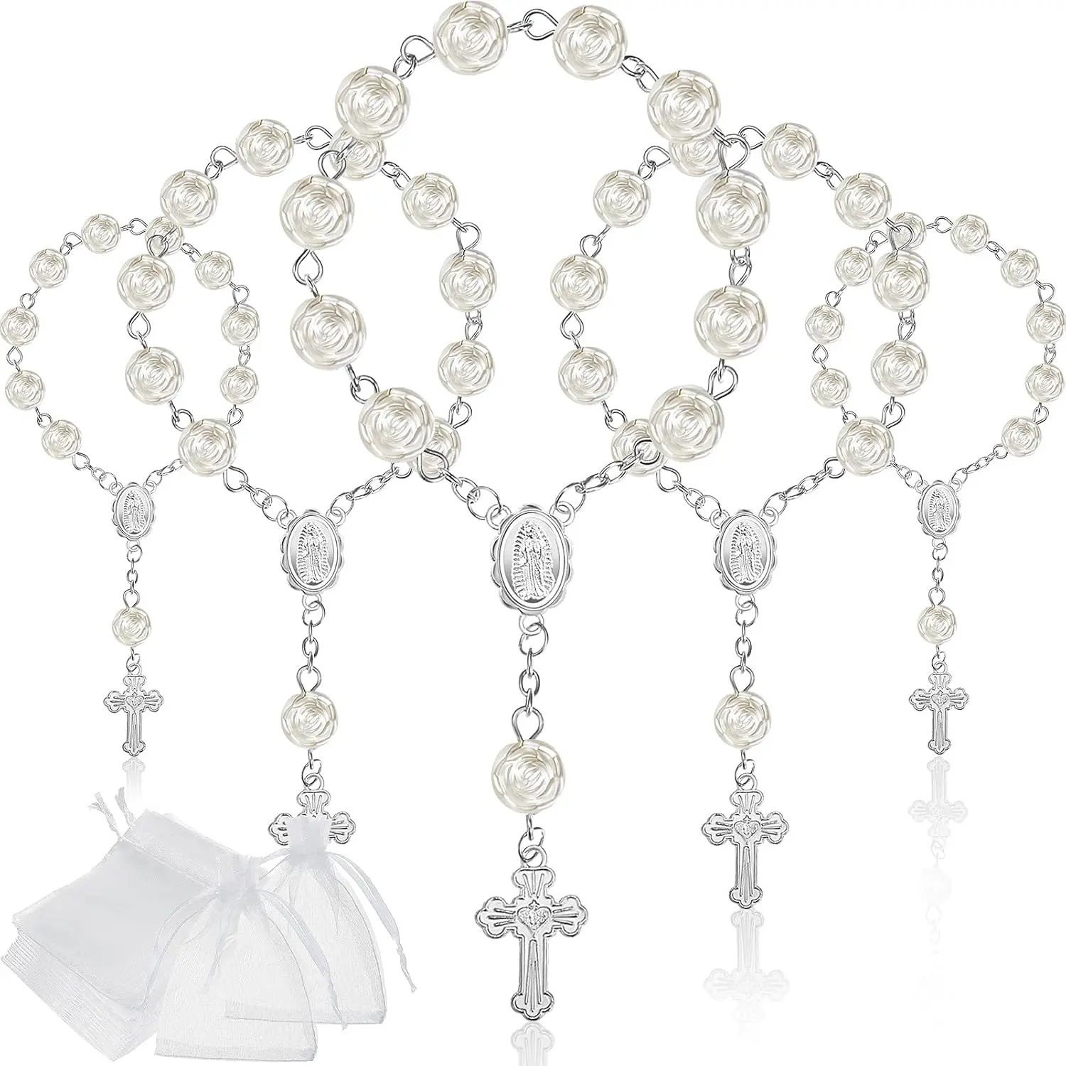 30Pcs Mini Rosaries Baptism Rosary Beads Acrylic Ivory Color Finger Baptism Rosaries Faux Pearls with Organza Bags for Christening Weddings Party Favors - Home Improvement.