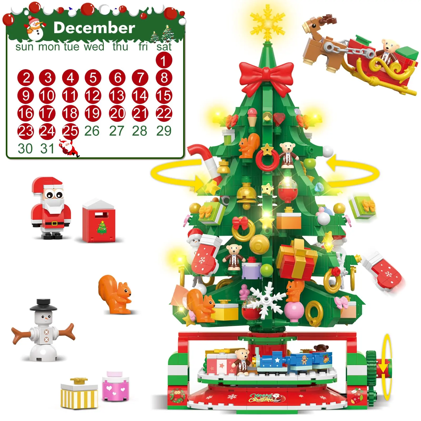 HOGOKIDS 2024 3.6mm Mini Bricks Advent Calendar Cardboard Box - Rotating LED Lights Christmas Tree Building Kit, 24-Day Countdown Figure Gift for Kids 8+, Festive Party Decor & Gaming Room Supplies
