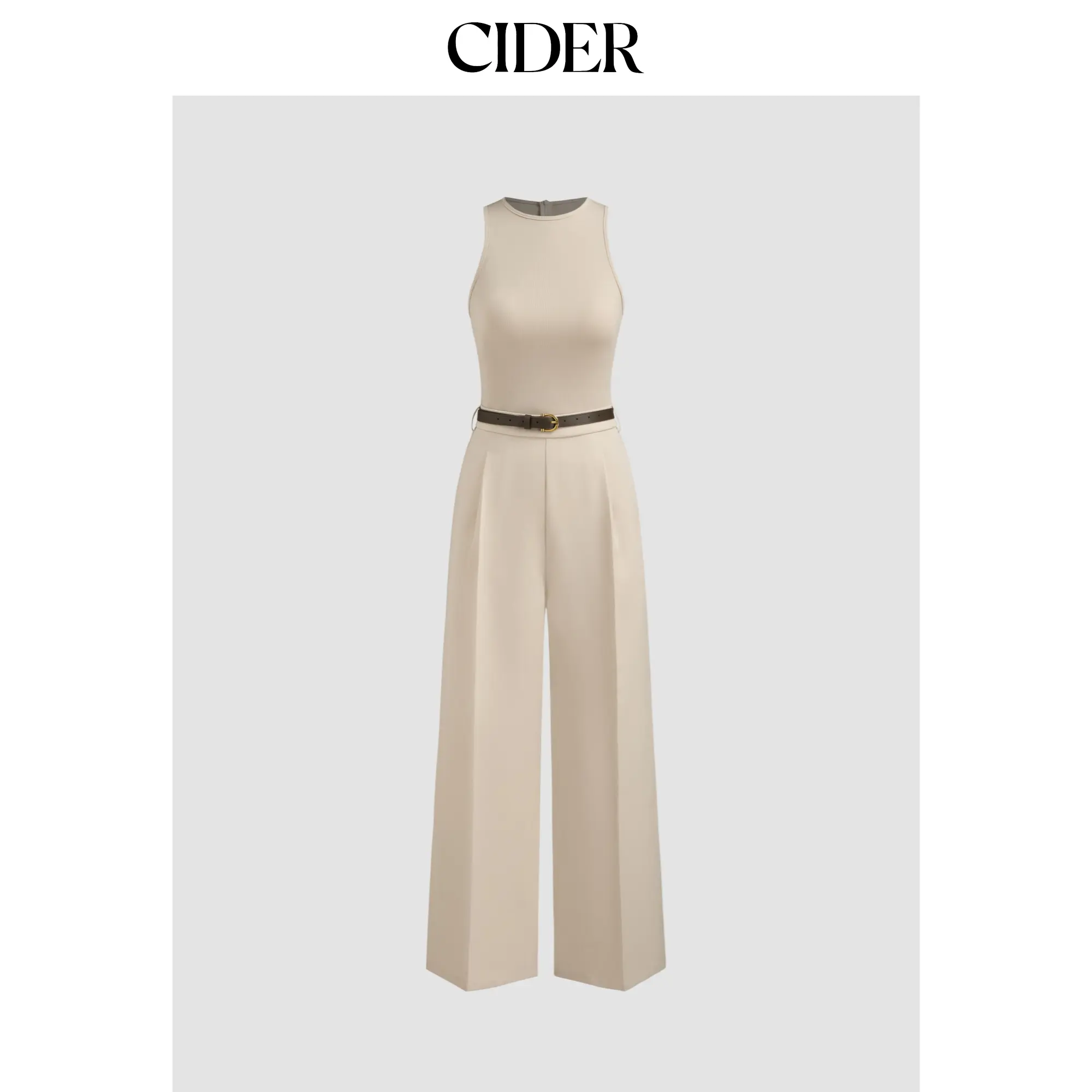 Cider [2 colors, size 0-26] Round Neckline Solid Pocket Zipper Jumpsuit With Belt