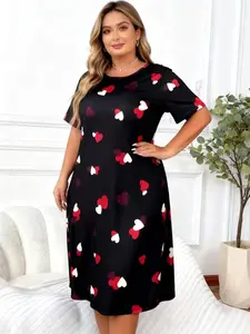 Plus Size Women's Valentine's Day Knitted Short Sleeve Nightgown, Heart Print Relaxed Fit Round Neck Home Dress