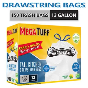 150 Bags 13 Gallon Boxed Disposable Non Tear Garbage Bag Puncture Tear Resistant Trash Bags, ODOR ELIMINATORTECHNOLOGY Kitchen Drawstring Garbage Bags Fresh Clean Scent With Lemon Mint Scent, 150 Count Easy To Usedrawstrings More Durable