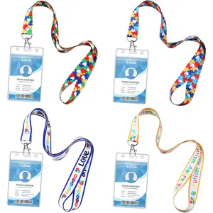 8 count  Awareness Lanyard with ID Badge Holder Puzzle  Lanyards Key Chain with Vertical ID Holder Colorful Lanyard Card Holder Clear Badge Protector, 4 Style