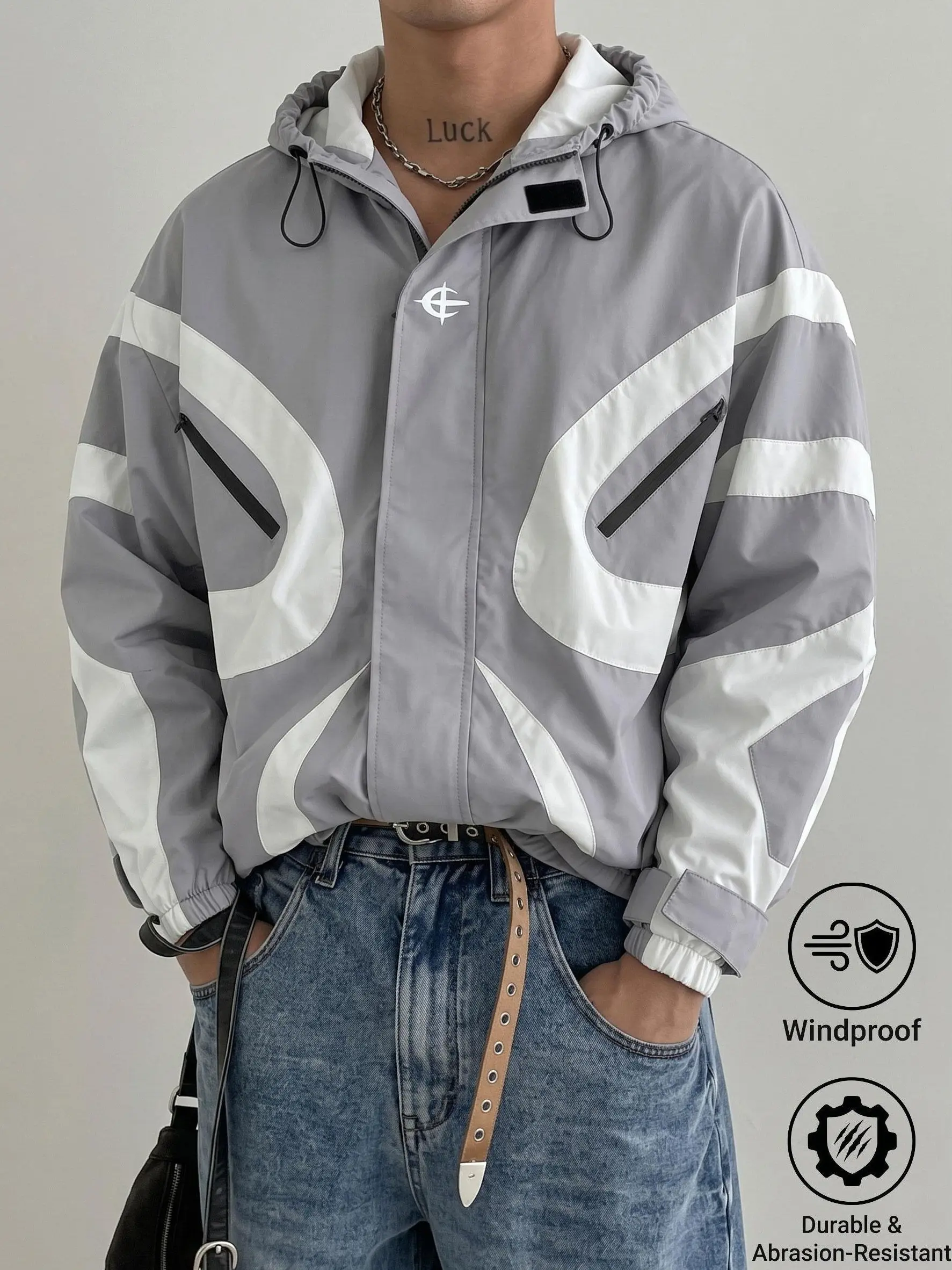 Men's Oversized Spliced Hooded Windproof Jacket, Elastic Cuffs Adjustable Hood, Abrasion Resistant Casual Coat For Daily Walking Sports Street Styling