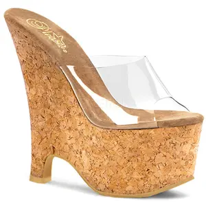 PLEASER BEAU-601 Clear-Tan Cork Wedges for Women - Comfortable Summer Footwear with Clear Sole