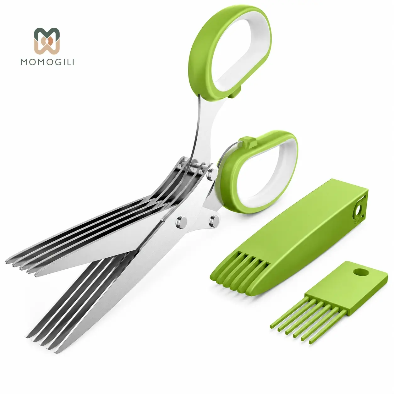 MOMOGILI 5-Blade Herb Scissors Set with Cleaning Kit, Stainless Steel Kitchen Shears, Soft-Grip Handle, Dishwasher Safe for Herbs, Lettuce, Cilantro – Essential Kitchen Cooking Gadget