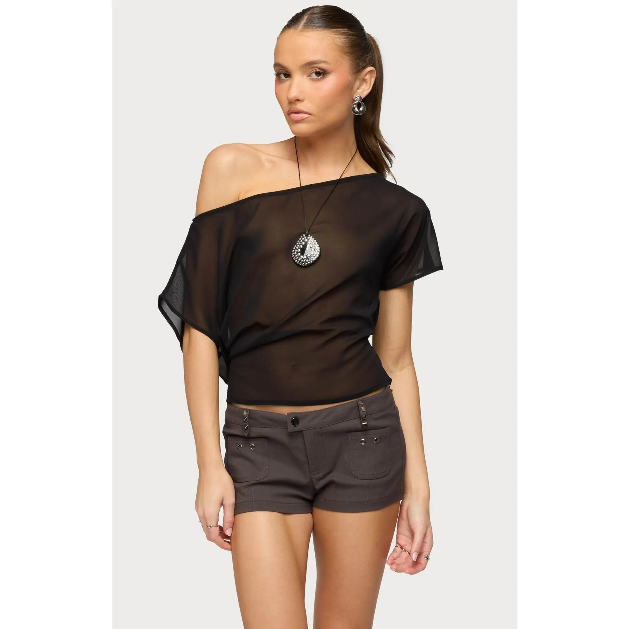 Edikted Women's Noria Sheer Chiffon Off Shoulder Top