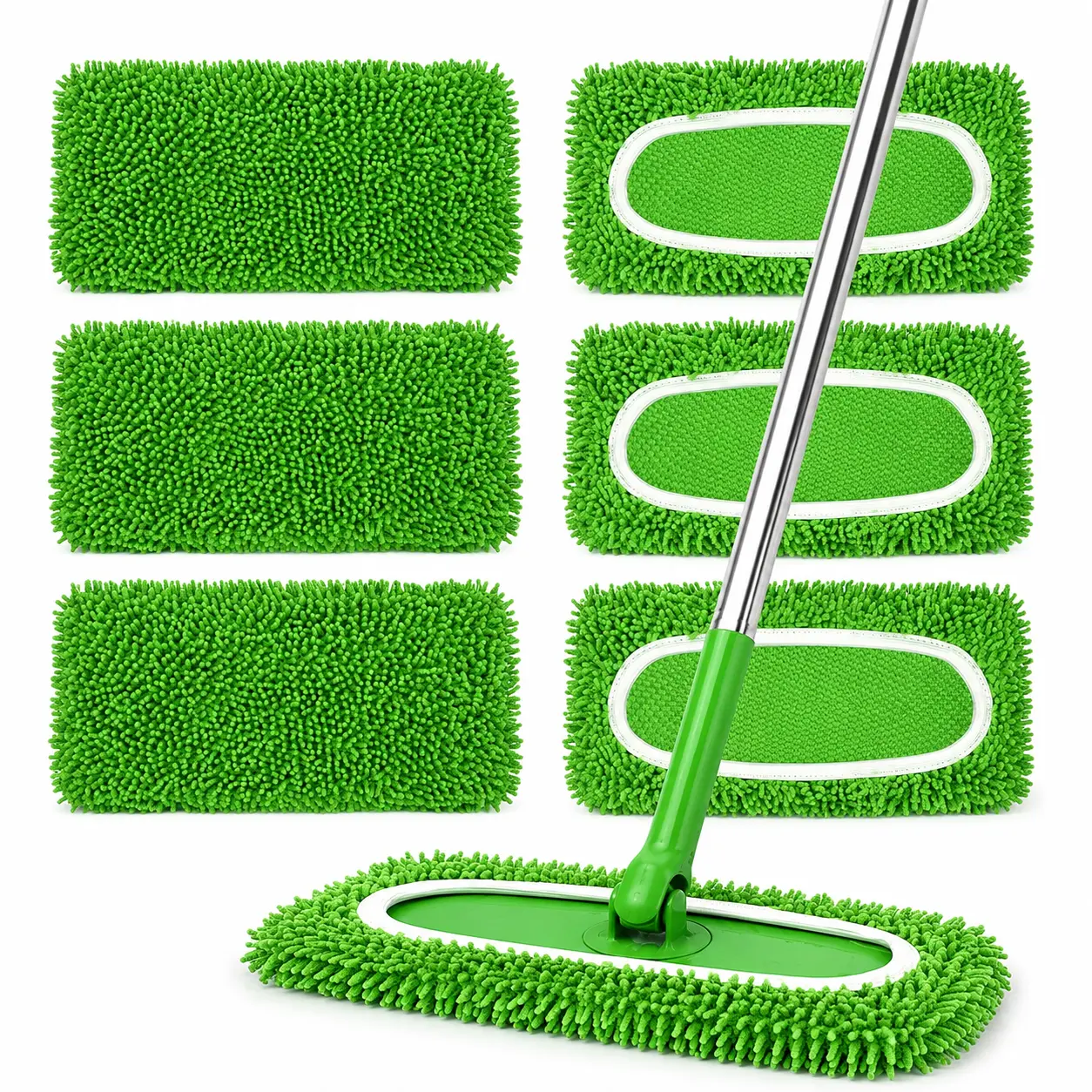 6 Pieces Green Washable Reusable Microfiber Mop Replacement Pads, High Absorbency Dry & Wet Dual Function Mop Heads, Multi-Scene Cleaning Accessories Compatible with Most Flat Mop and Bucket Sets, Great for Household & Campus Hardwood Flat Floors